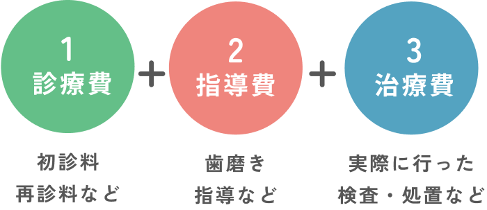 1.診療費 初診料再診料など / 2.指導費 歯磨き指導など / 3.治療費 実際に行った検査・処置など